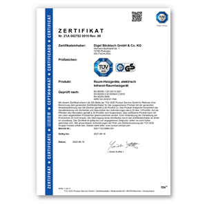 TÜV Zertifikat Infrarotheizungen DE
